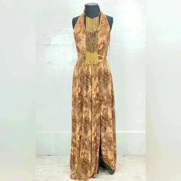 NWT Vince Camuto Size 12 Brown Halter Vacation/Date Night Dress W/23" Necklace - Picture 1 of 13